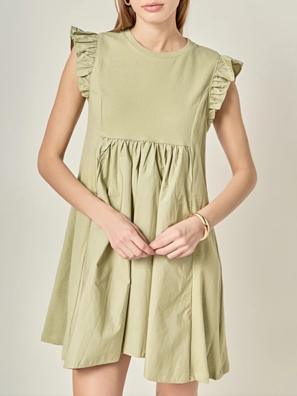 English Factory Mixed Media Mini Ruffle Sleeve Media Dress, Sage - Medium